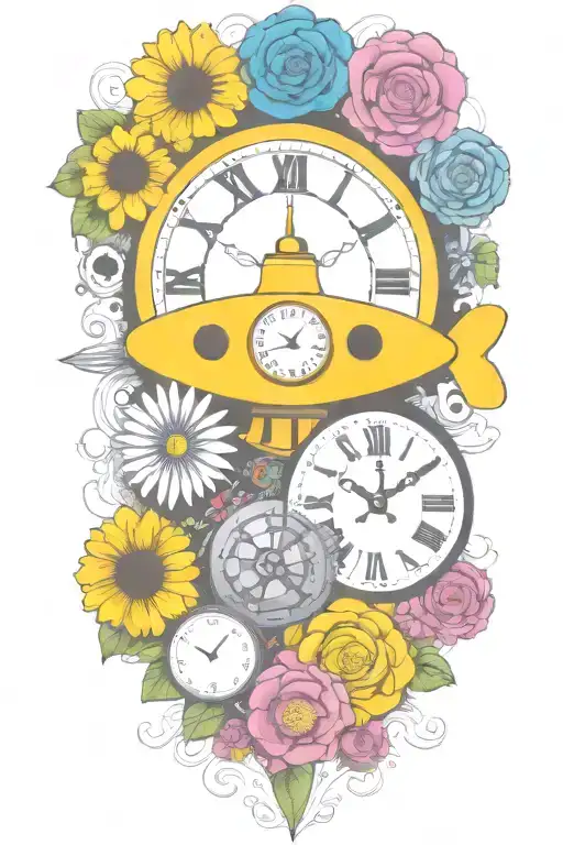 Yellow Submarine With Colorful Flowers And Clock And Rainbow