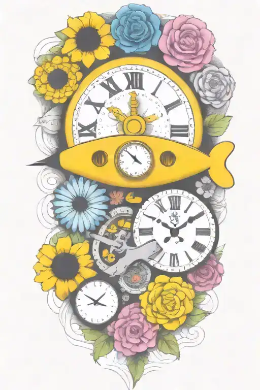 Yellow Submarine With Colorful Flowers And Clock And Rainbow