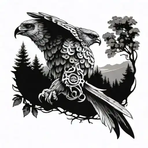 Falcon Against The Background Of Forest And Nature