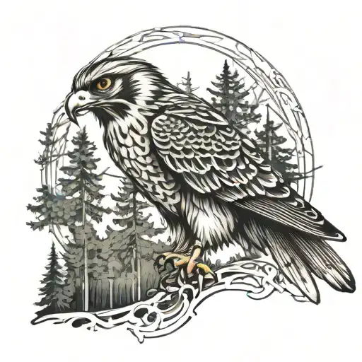 Falcon Against The Background Of The Forest