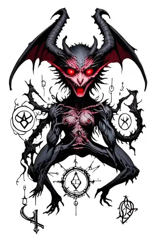 Demon With Red Eyes Surrounded By Doom Symbols