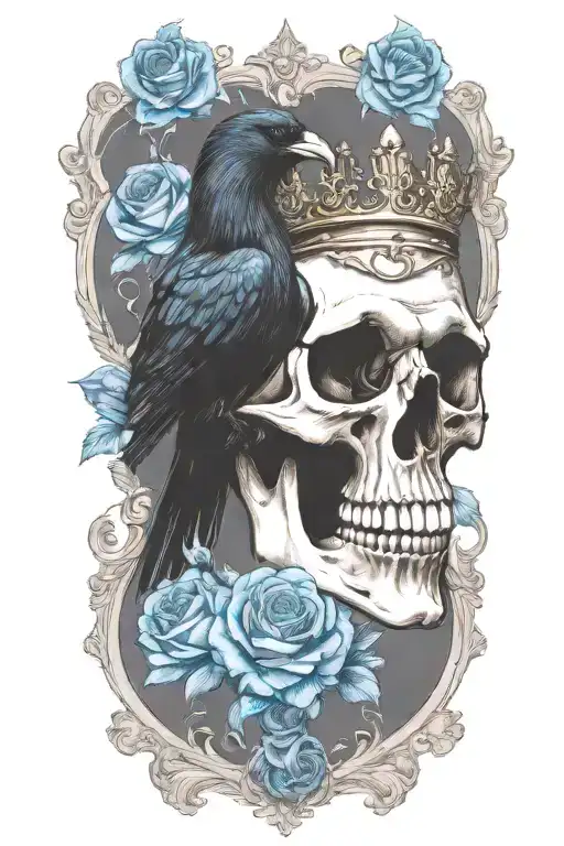 Skull Wearing Crown With Raven On And Blue Roses Intertwined