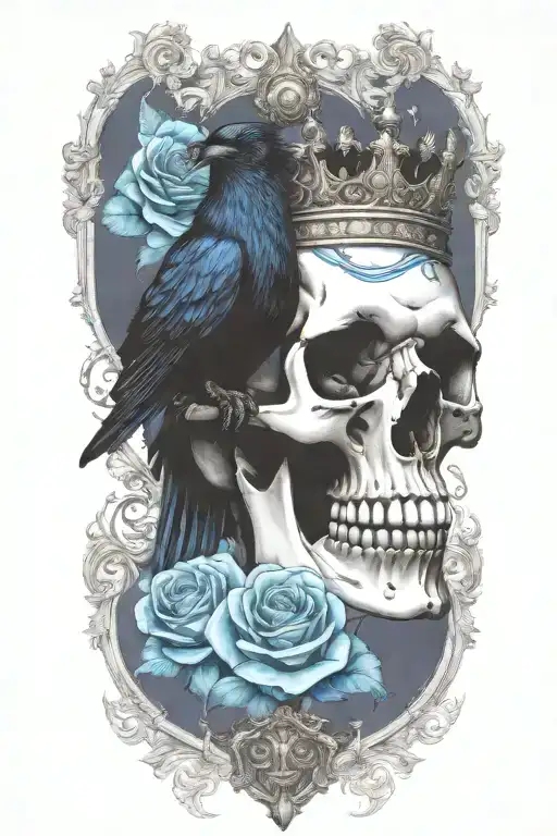 Skull Wearing Crown With Raven On And Blue Roses Intertwined