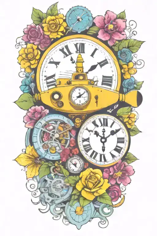 Yellow Submarine With Colorful Flowers And Clock And Rainbow