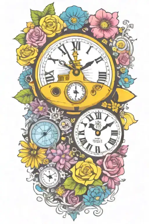 Yellow Submarine With Colorful Flowers And Clock And Rainbow