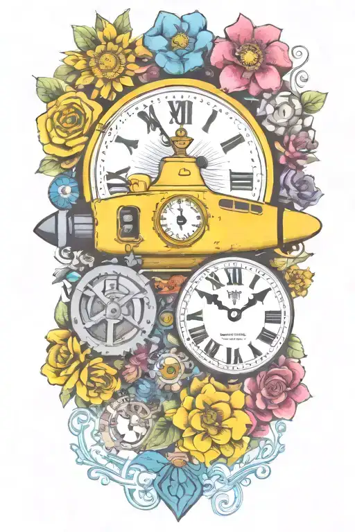 Yellow Submarine With Colorful Flowers And Clock And Rainbow