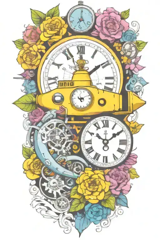Yellow Submarine With Colorful Flowers And Clock And Rainbow