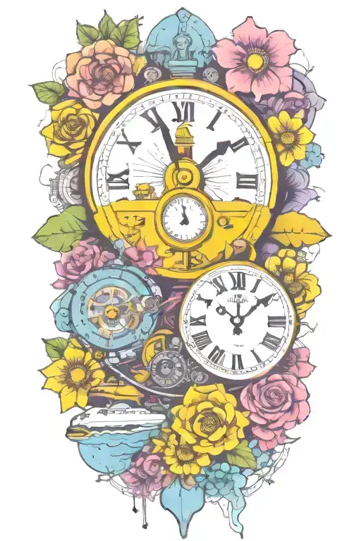 Yellow Submarine With Colorful Flowers And Clock And Rainbow