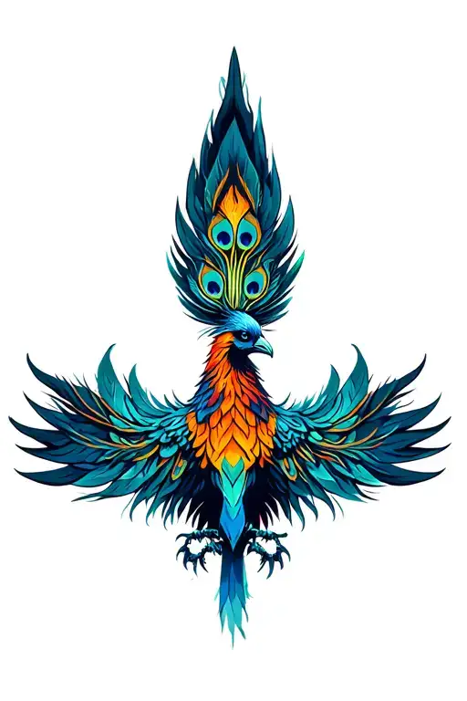 Frontal View Of A Majestic Rising From The Ashes Phoenix With Peacock Feathers