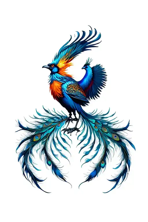 Frontal View Of A Majestic Rising From The Ashes Phoenix With Long Peacock Feathers Tail