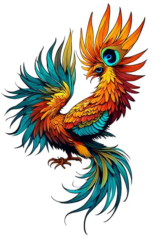 Front View Phoenix Bird With Twowings Spread Peacock Feather Tail