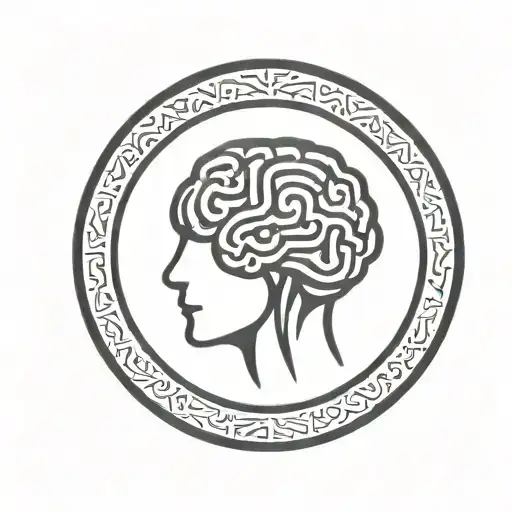 A Brain Inside A Simple Thick Black Line Circular Frame With Geometric Patterns Shooting From It