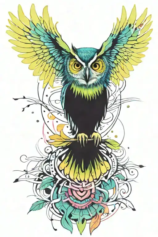 Full Body Owl Taking Flight Watercolour Light Blues Yellows Greens Purples Pinks Greens