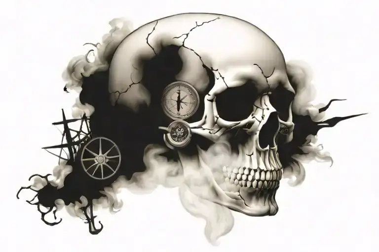 Realistic Skull With Compass Surrounded By Smoke With Anchor