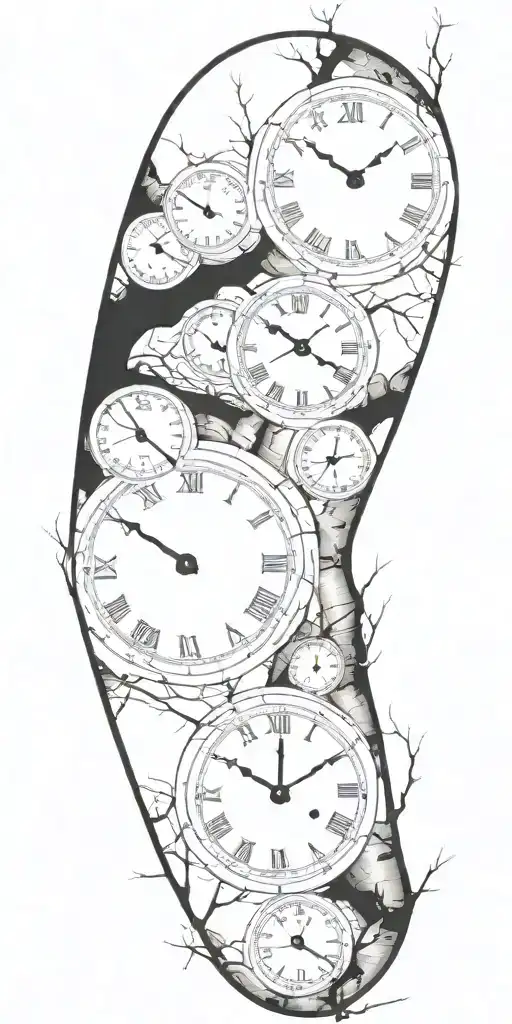 Birch Tree Branches With Three Clocks Integrated Into It For An Arm Sleeve