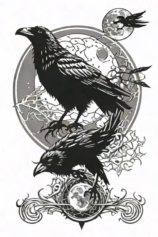 Crow With Moon Background With Wolf Standing