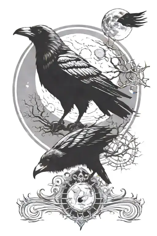 Crow With Moon Background With Wolf Standing