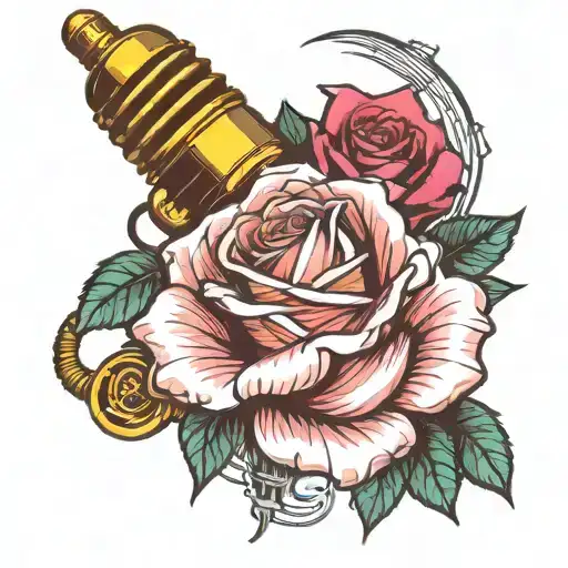 Bright Pink Rose With Punk Rock Style Microphone And Musical Notes