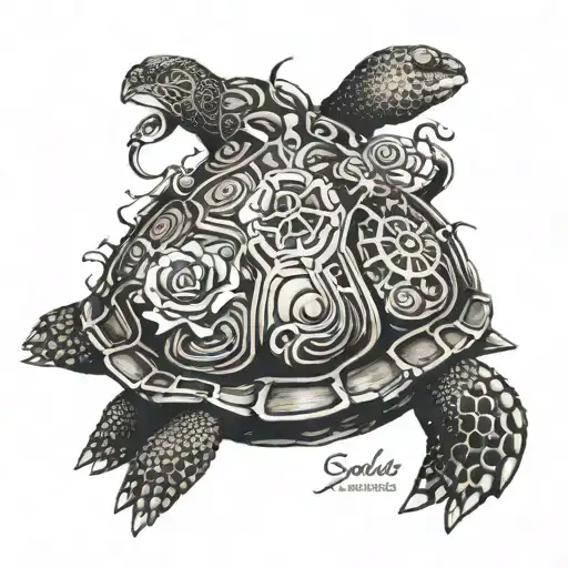 Turtle Or Tortise Side Profile And Instead Of Shell It Has An Image Of A Beautiful Fairy Inside