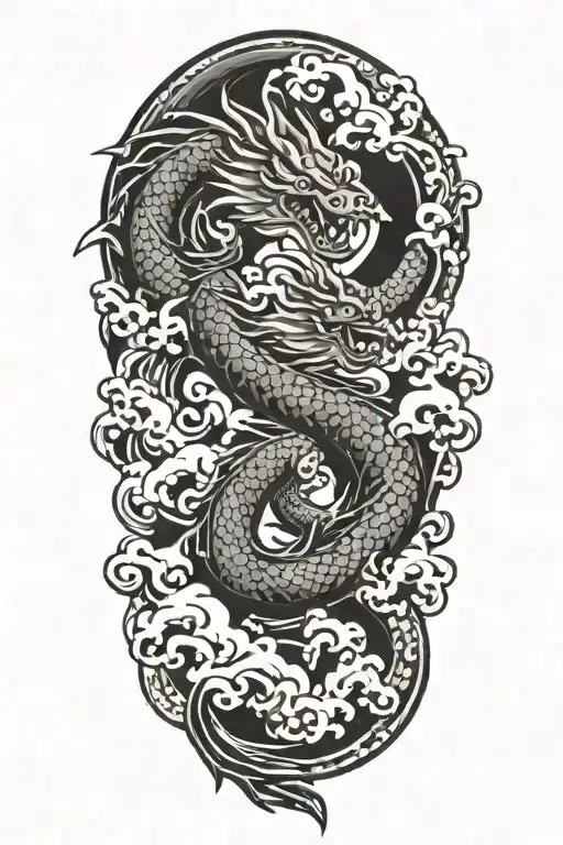 A Japanese Dragon Flying With Wave Pattern Background