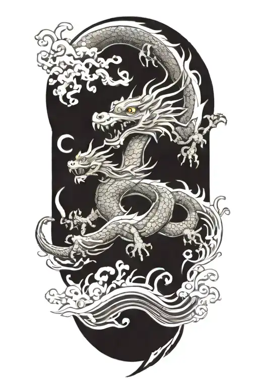 A Japanese Dragon Flying With Wave Pattern Background Symbolizing