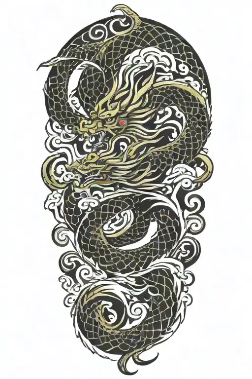 A Japanese Dragon Flying With Wave Pattern Background Symbolizing