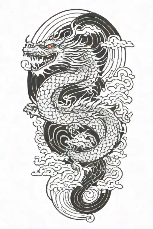 A Japanese Dragon Flying With Wave Pattern Background Symbolizing