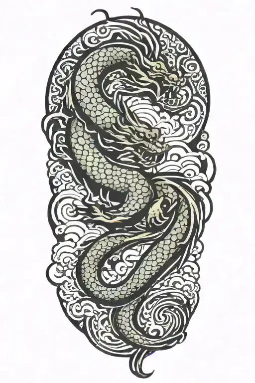 A Chinese Dragon Flying With Wave Pattern Background Symbolizing