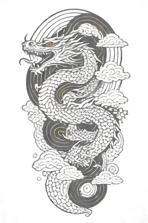 A Japanese Dragon Flying With Wave Pattern Background Symbolizing