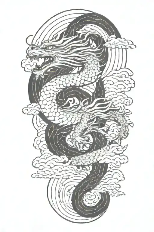 A Japanese Dragon Flying With Wave Pattern Background Symbolizing