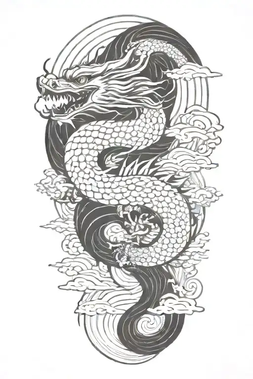 A Japanese Dragon Flying With Wave Pattern Background Symbolizing