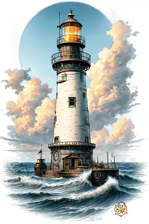 Lighthouse With Ships Wheel
