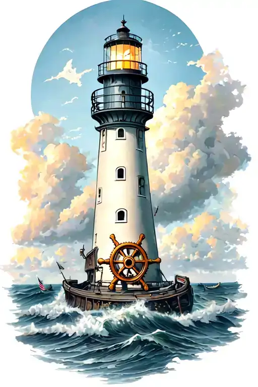 Lighthouse With Ships Wheel
