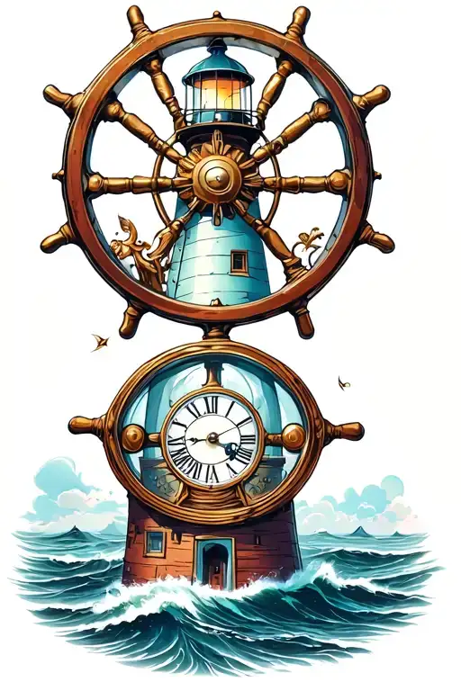 Ships Wheel With Clock Inside On A Lighthouse