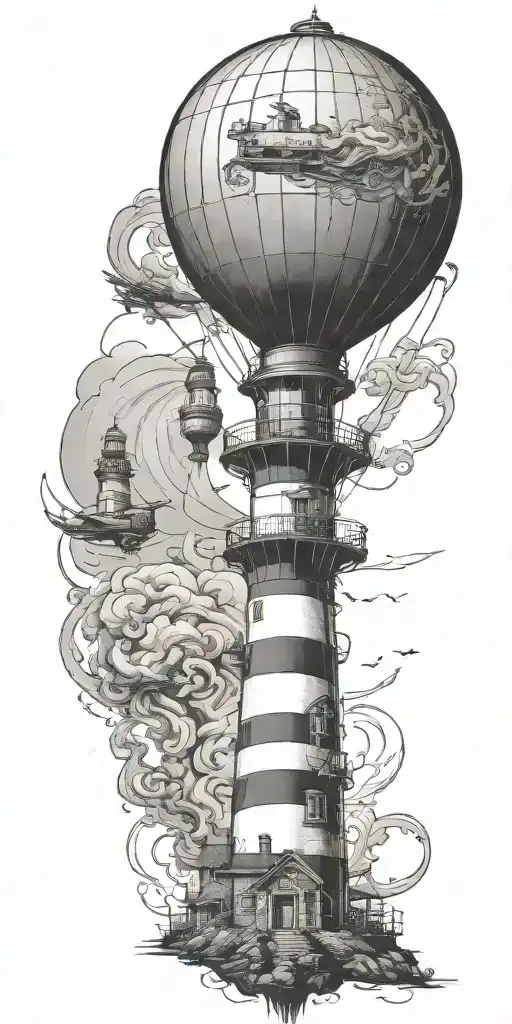 Lighthouse And Hot Air Balloo Symbolizing Never Give Up In A Tornado