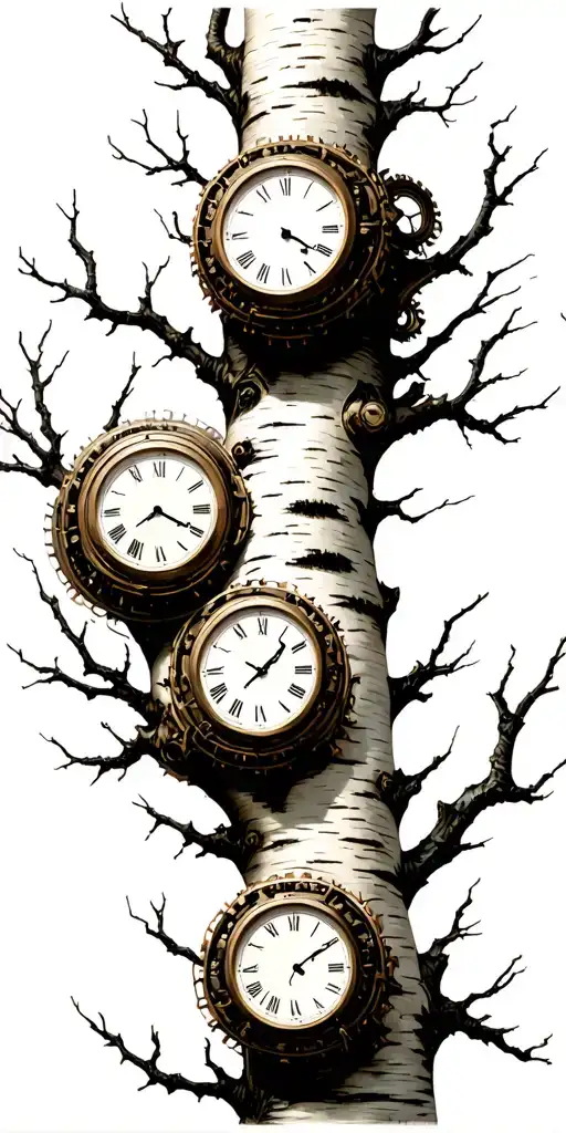 Birch Tree White Branches With Exactly 3 Clocks On Branches