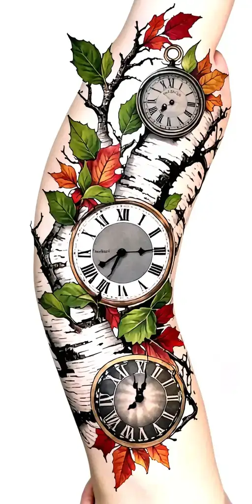 Birch Branches With Hunter Green Leaves With Only Three Clocks Integrated Into It For An Arm Sleeve