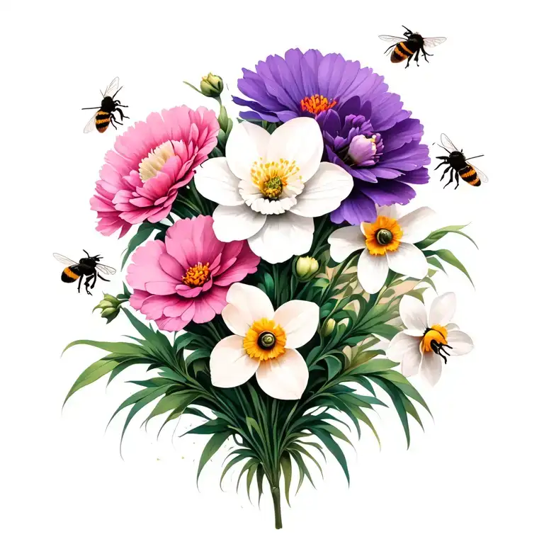 Purple Carnation White Daffodil Pink Cosmos Flowers With Bees