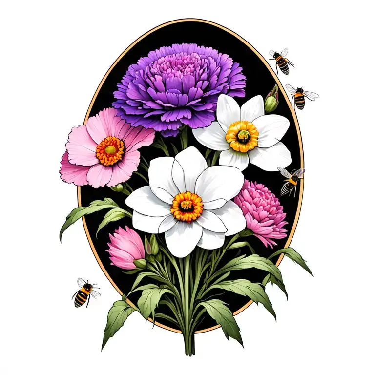 Purple Carnation White Daffodil Pink Cosmos Flowers With Bees