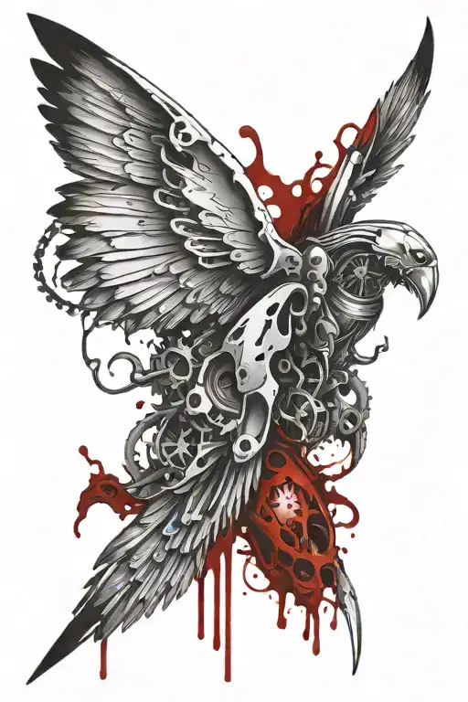 Broken Wings With Mechanical Parts And Blood Dripping Out The Wings