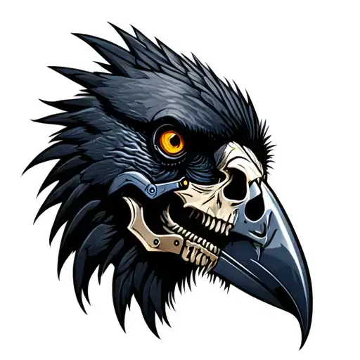 Profile Of A Black Crow Head With Metal Skull