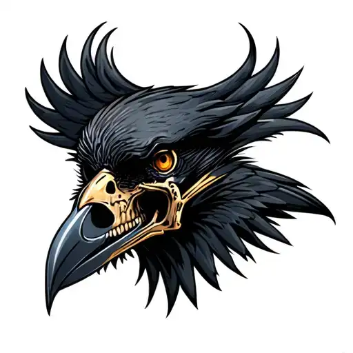 Profile Of A Black Crow Head With Metal Skull