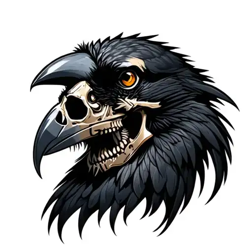 Profile Of A Black Crow Head With Metal Skull