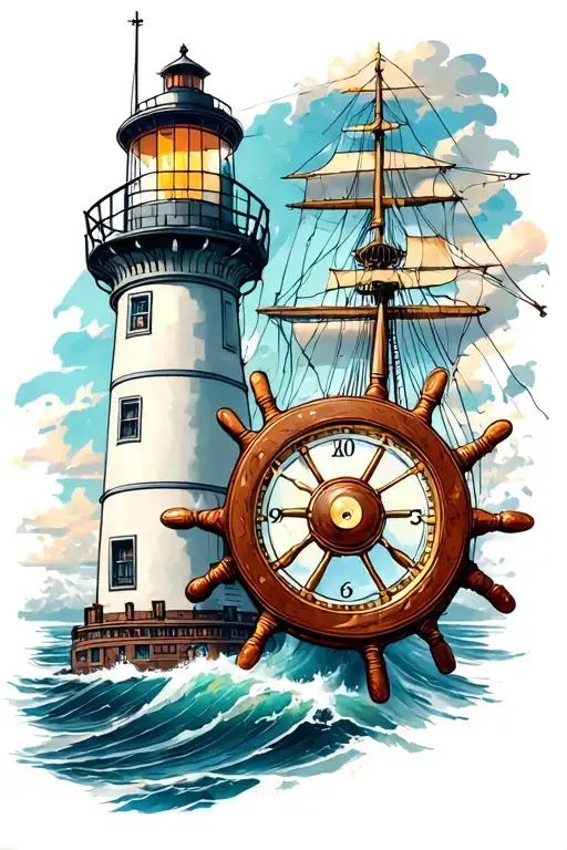 Lighthouse With Clock And Ships Wheel Symbolizing The Client's