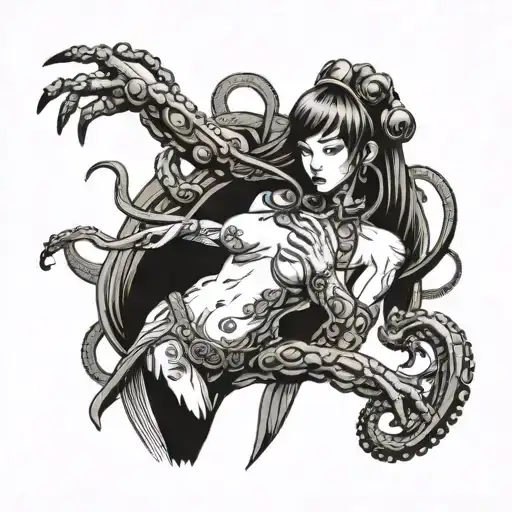 Octopus Fight Samurai Girl Nude Woman Holding