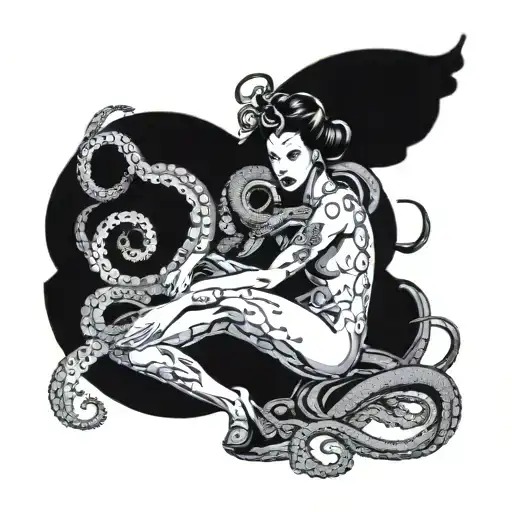 Octopus Fight Samurai Girl Nude Woman Holding