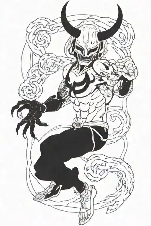 Anime Character Full Body Wearing A Oni Mask Fighting Off Inner Demons With Minimal Black Areas