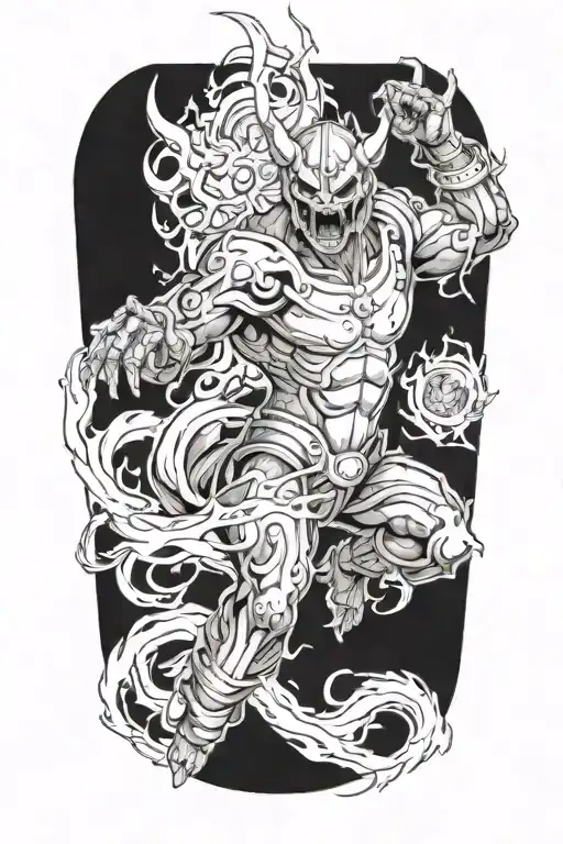 Anime Character Full Body Wearing A Oni Mask Fighting Off Inner Demons With Minimal Black Areas