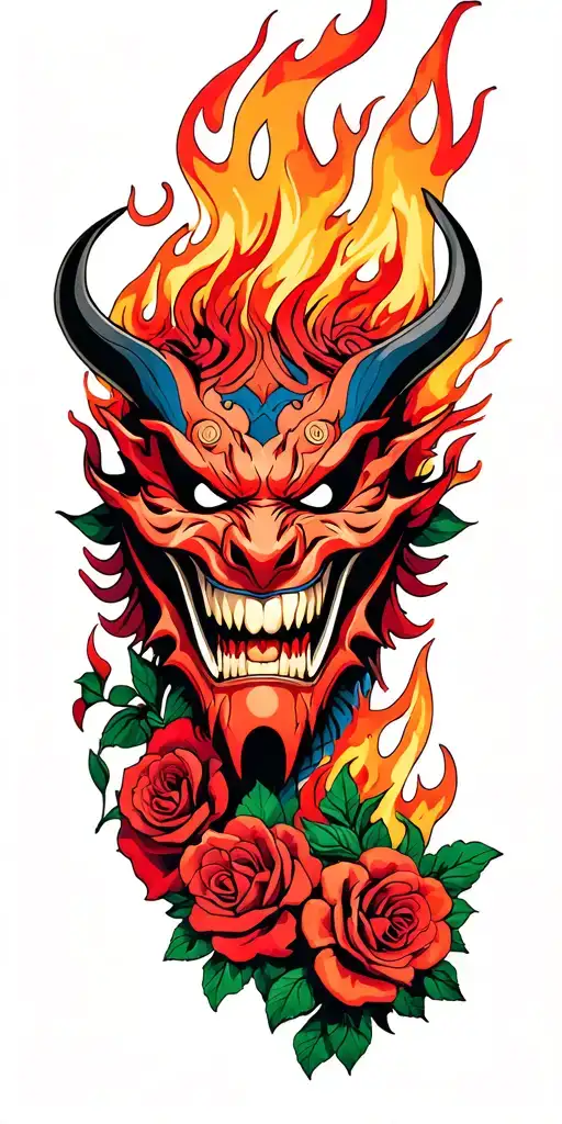 Flowers And Roses Oni Demon Mask With Fire