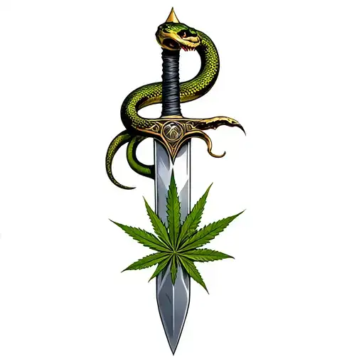 A Dagger With A Snake Writhing In The Background Of Marijuana Leaves